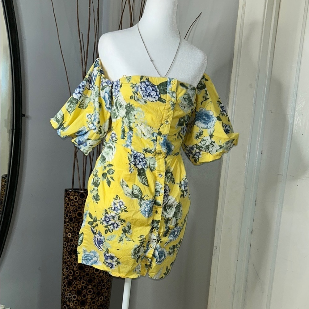 J.O.A. Yellow and Blue Ruffled Off-Shoulder Mini Dress - Picture 2 of 10